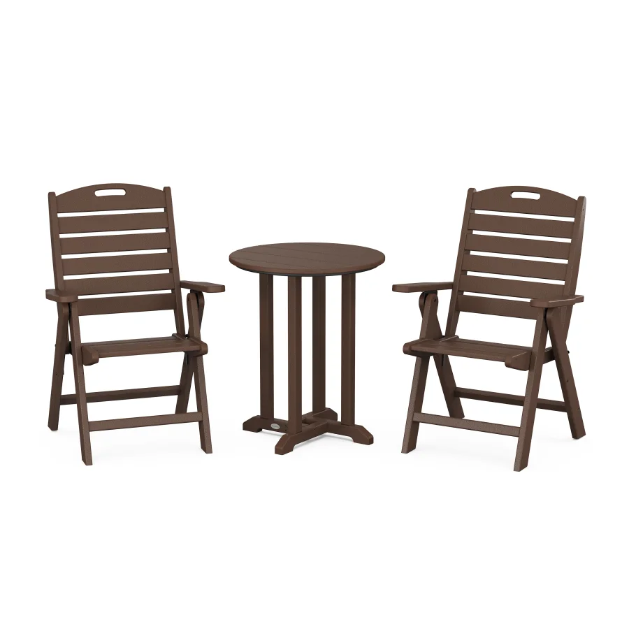 POLYWOOD Nautical Folding Highback Chair 3-Piece Round Bistro Dining Set in Mahogany