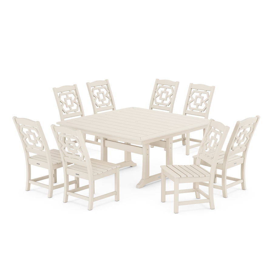POLYWOOD Chinoiserie 9-Piece Square Side Chair Dining Set with Trestle Legs in Sand