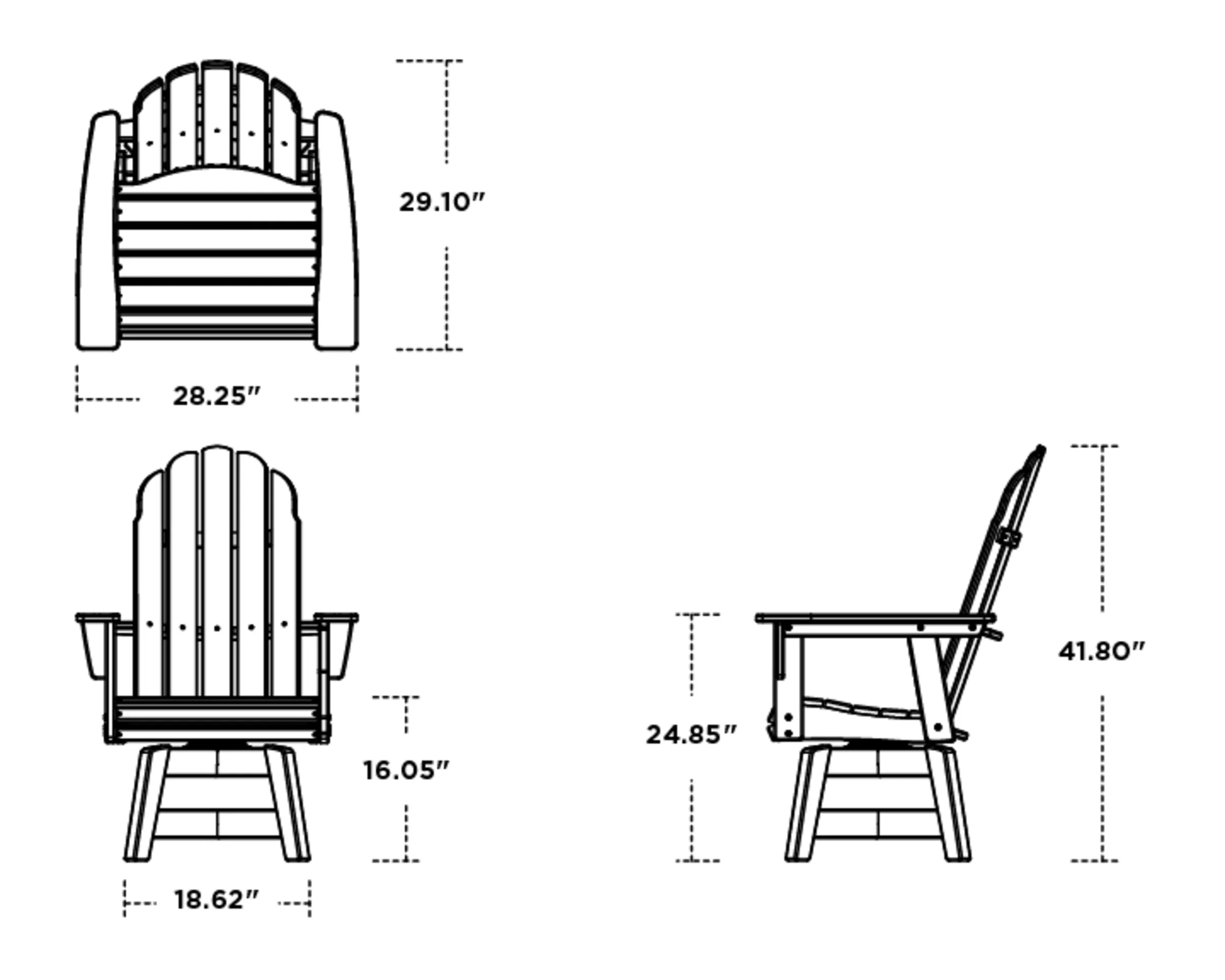 Dimensions for Vineyard Curveback Adirondack Swivel Dining Chair