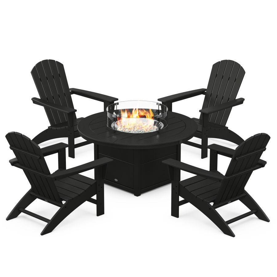 POLYWOOD Nautical 5-Piece Adirondack Chair Conversation Set with Fire Pit Table in Black