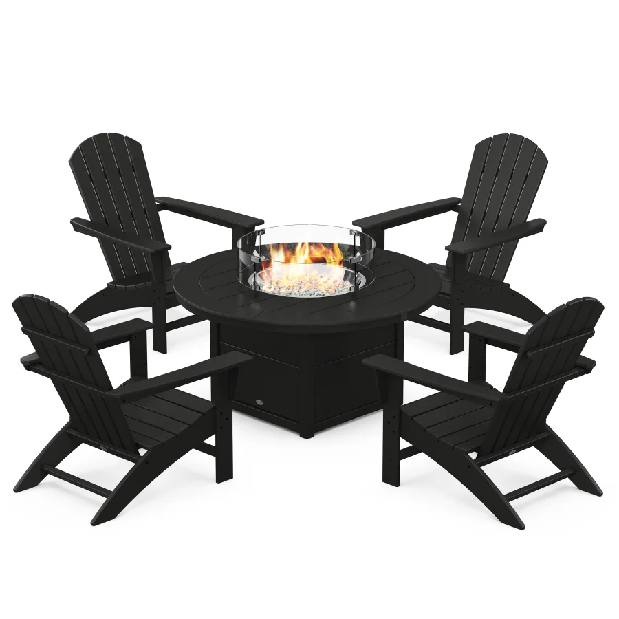 POLYWOOD Nautical 5-Piece Adirondack Chair Conversation Set with Fire Pit Table in Black