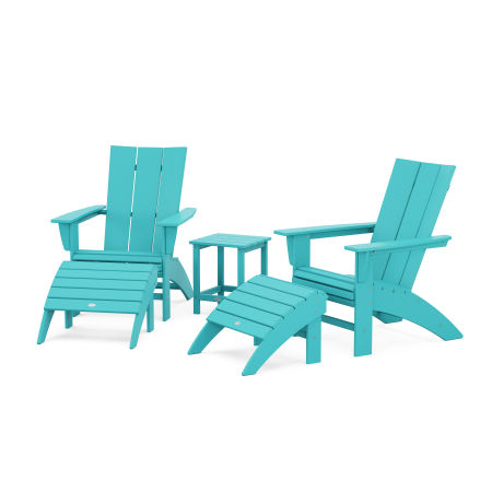 Modern Curveback Adirondack Chair 5-Piece Set with Ottomans and 18" Side Table in Aruba