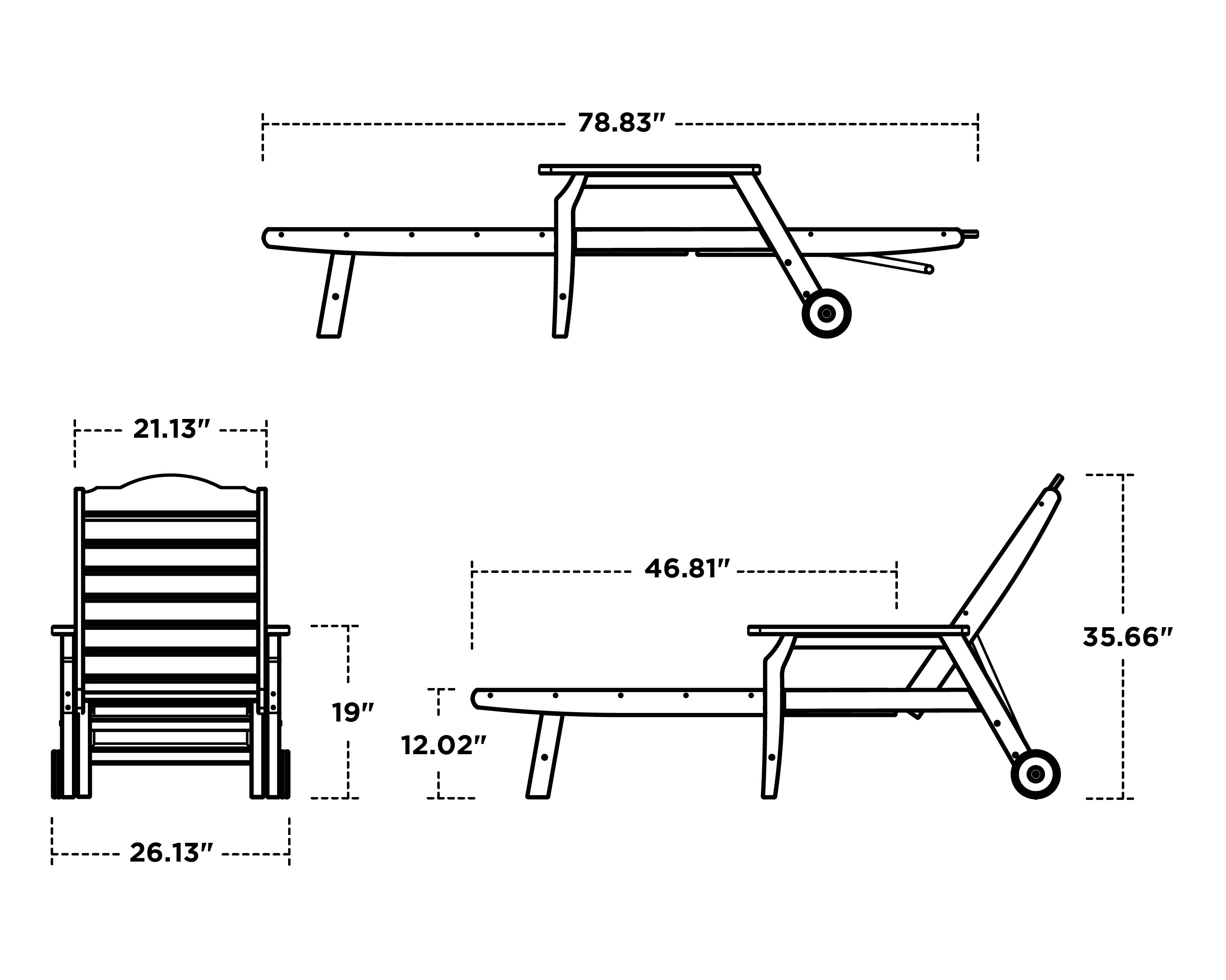 Dimensions for Savannah Chaise with Arms and Wheels