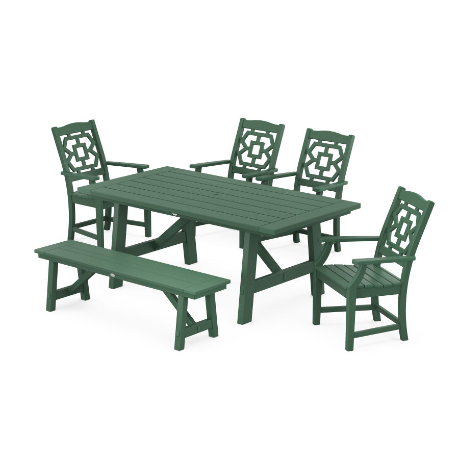 POLYWOOD Chinoiserie 6-Piece Rustic Farmhouse Dining Set with Bench in Green