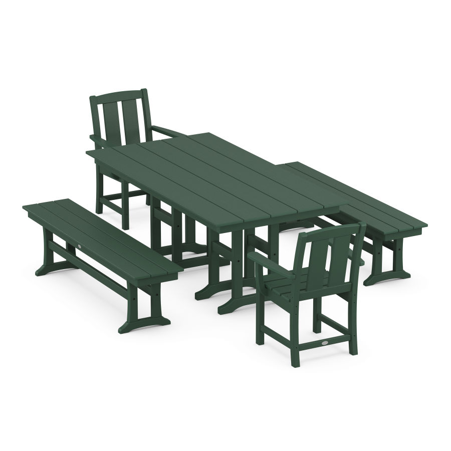 POLYWOOD Mission 5-Piece Farmhouse Dining Set with Benches in Green
