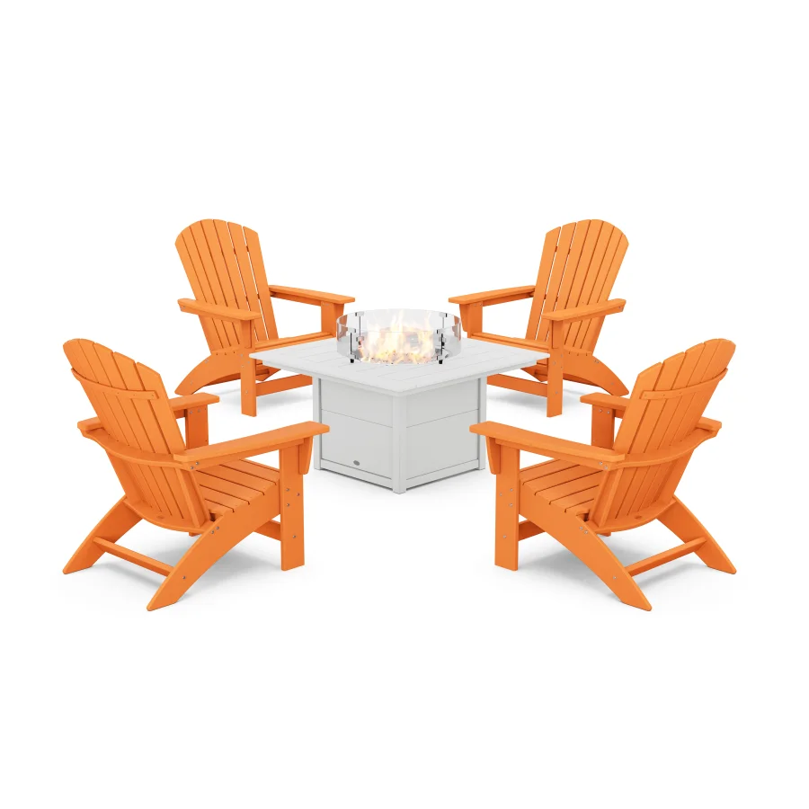 POLYWOOD 5-Piece Nautical Grand Adirondack Conversation Set with Fire Pit Table in Tangerine / White