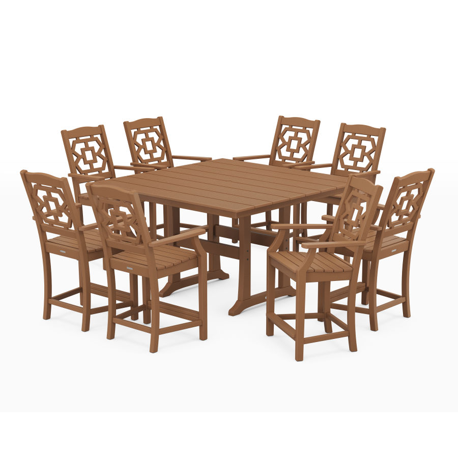 POLYWOOD Chinoiserie 9-Piece Square Farmhouse Counter Set with Trestle Legs in Teak