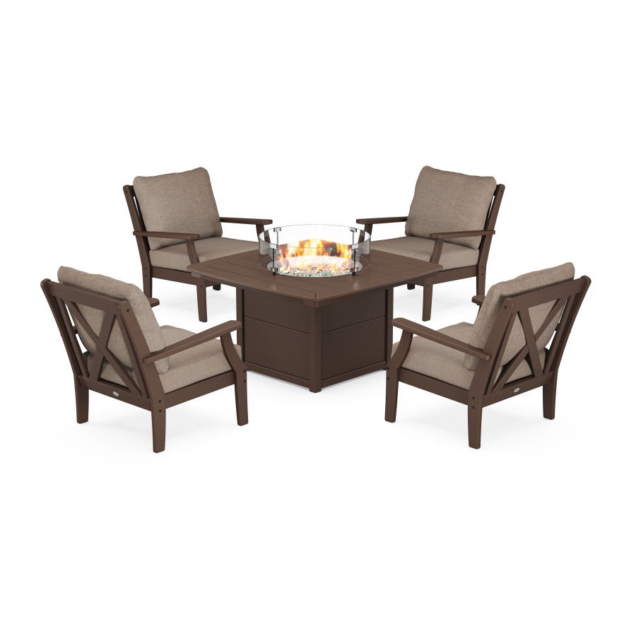 POLYWOOD Braxton 5-Piece Deep Seating Conversation Set with Fire Pit Table in Mahogany / Spiced Burlap