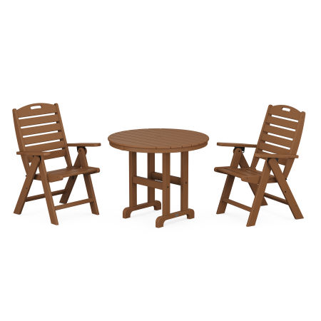POLYWOOD Nautical Folding Highback Chair 3-Piece Round Dining Set in Teak
