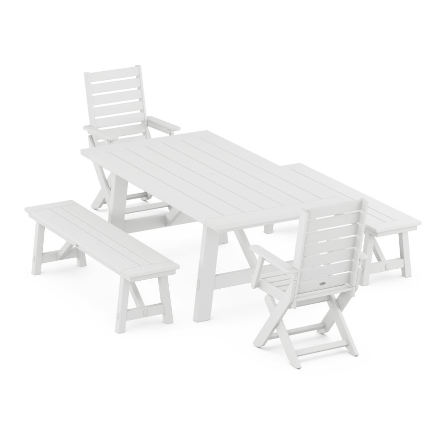 POLYWOOD Captain Folding Chair 5-Piece Rustic Farmhouse Dining Set With Benches in White