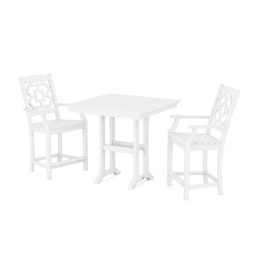 POLYWOOD Chinoiserie 3-Piece Farmhouse Counter Set with Trestle Legs in White