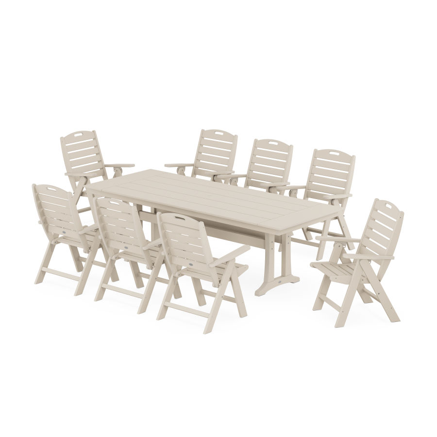 POLYWOOD Nautical Highback 9-Piece Farmhouse Dining Set with Trestle Legs in Sand