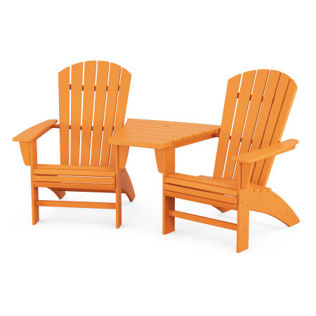 Nautical 3-Piece Curveback Adirondack Set with Angled Connecting Table in Tangerine