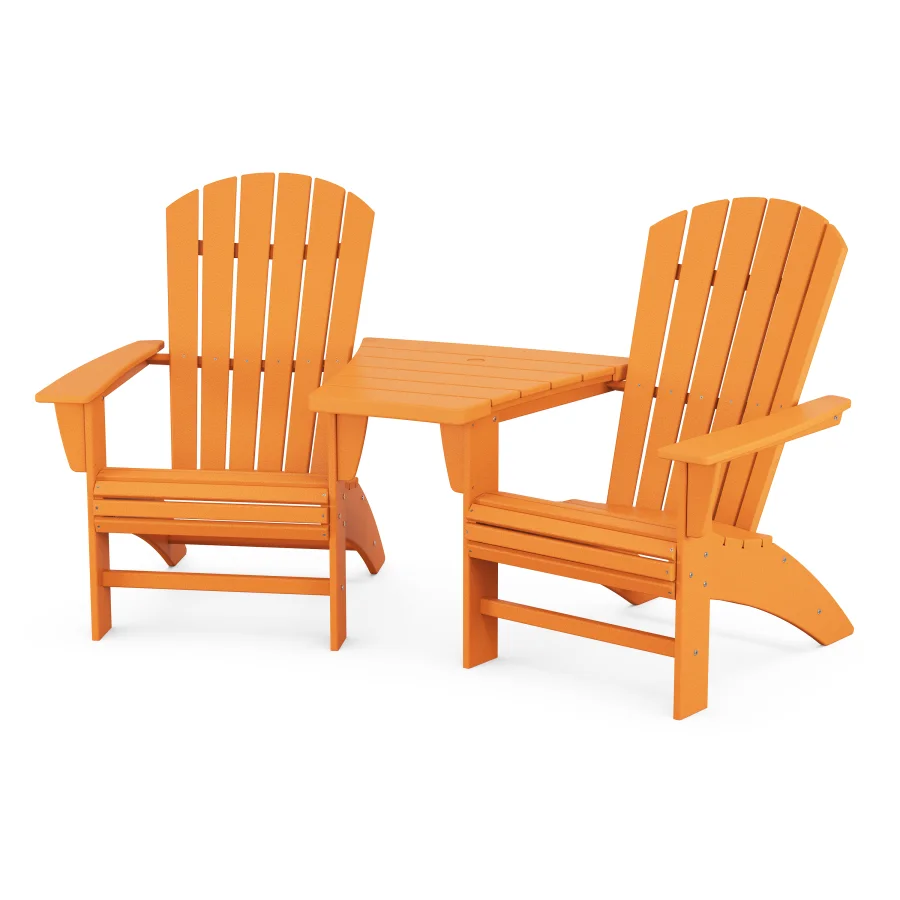 POLYWOOD Nautical 3-Piece Curveback Adirondack Set with Angled Connecting Table in Tangerine