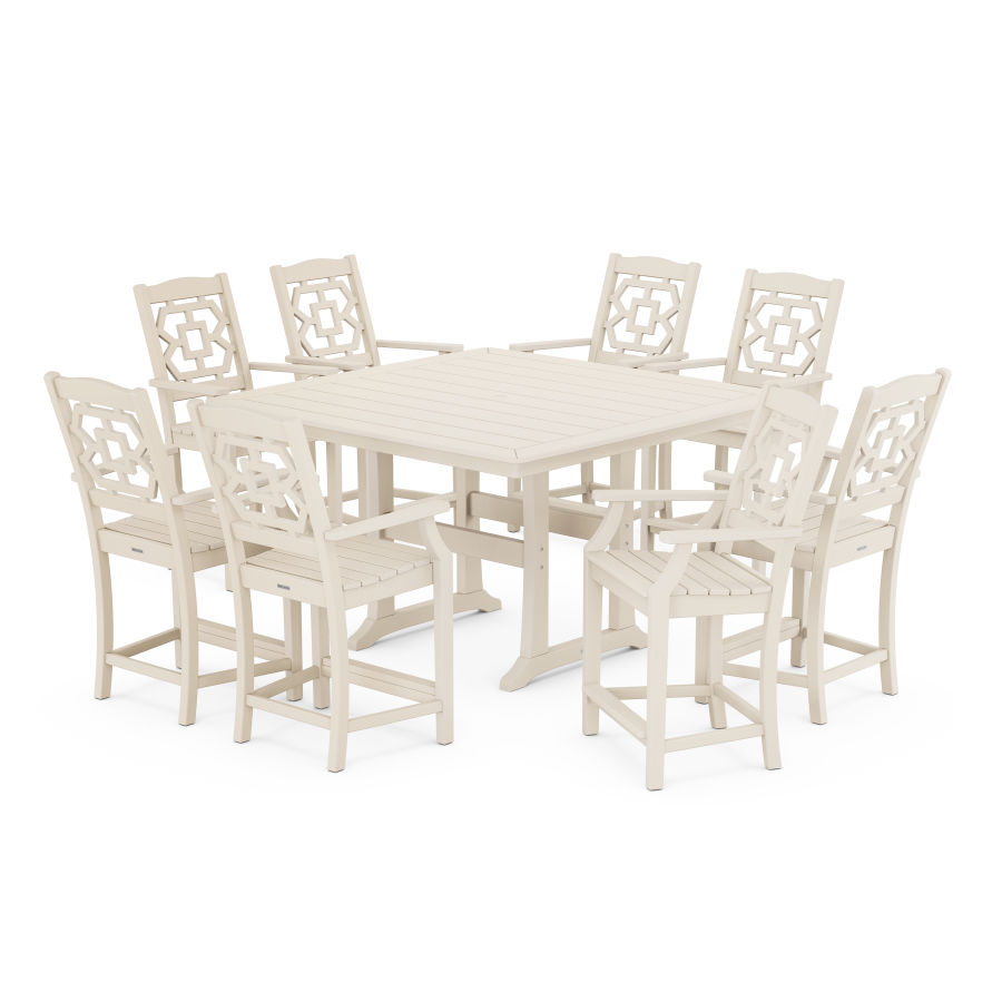 POLYWOOD Chinoiserie 9-Piece Square Counter Set with Trestle Legs in Sand