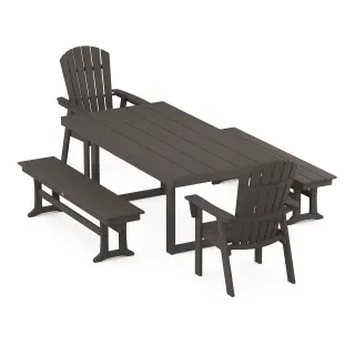 POLYWOOD Nautical Curveback Adirondack 5-Piece Dining Set with Benches in Vintage Finish