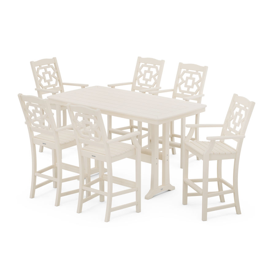 POLYWOOD Chinoiserie Arm Chair 7-Piece Bar Set with Trestle Legs in Sand