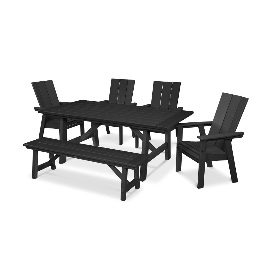 POLYWOOD Modern Adirondack 6-Piece Rustic Farmhouse Dining Set with Bench in Black