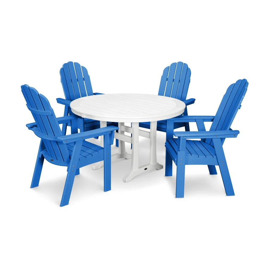 POLYWOOD Vineyard Curveback Adirondack 5-Piece Nautical Trestle Dining Set in Pacific Blue / White