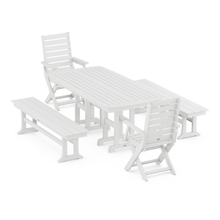POLYWOOD Captain Folding Chair 5-Piece Dining Set with Benches in White