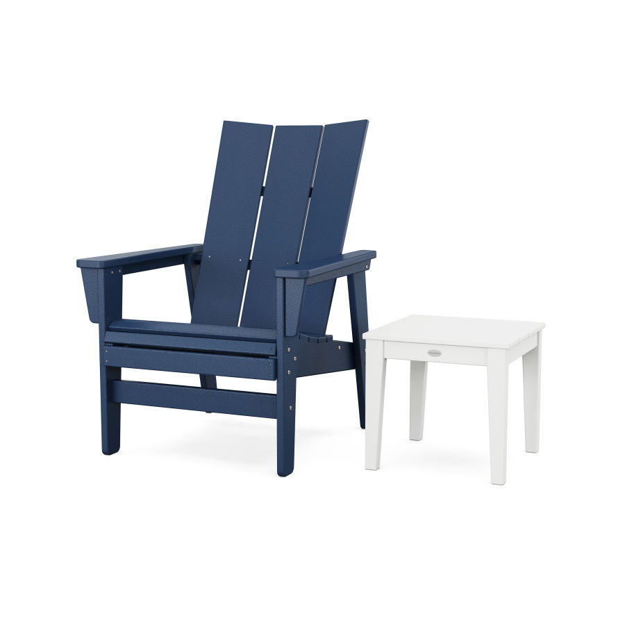 POLYWOOD Modern Grand Upright Adirondack Chair with Side Table in Navy / White