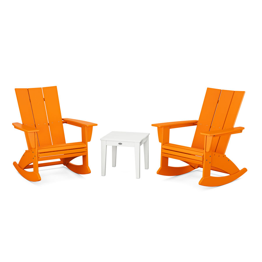 POLYWOOD Modern Curveback 3-Piece Adirondack Rocking Chair Set in Tangerine / White