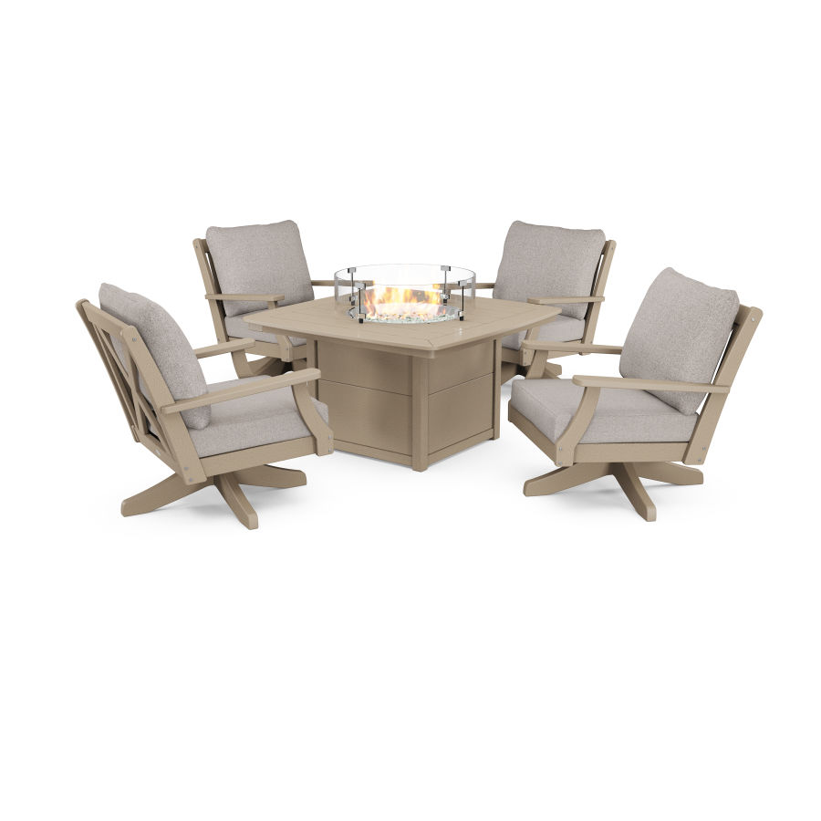 POLYWOOD Braxton 5-Piece Deep Seating Swivel Conversation Set with Fire Pit Table in Vintage Sahara / Weathered Tweed