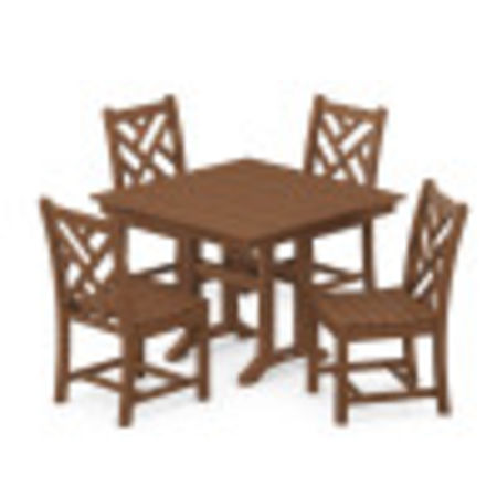 Chippendale 5-Piece Farmhouse Trestle Side Chair Dining Set in Teak
