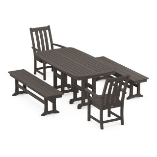 POLYWOOD Vineyard 5-Piece Dining Set with Benches in Vintage Finish