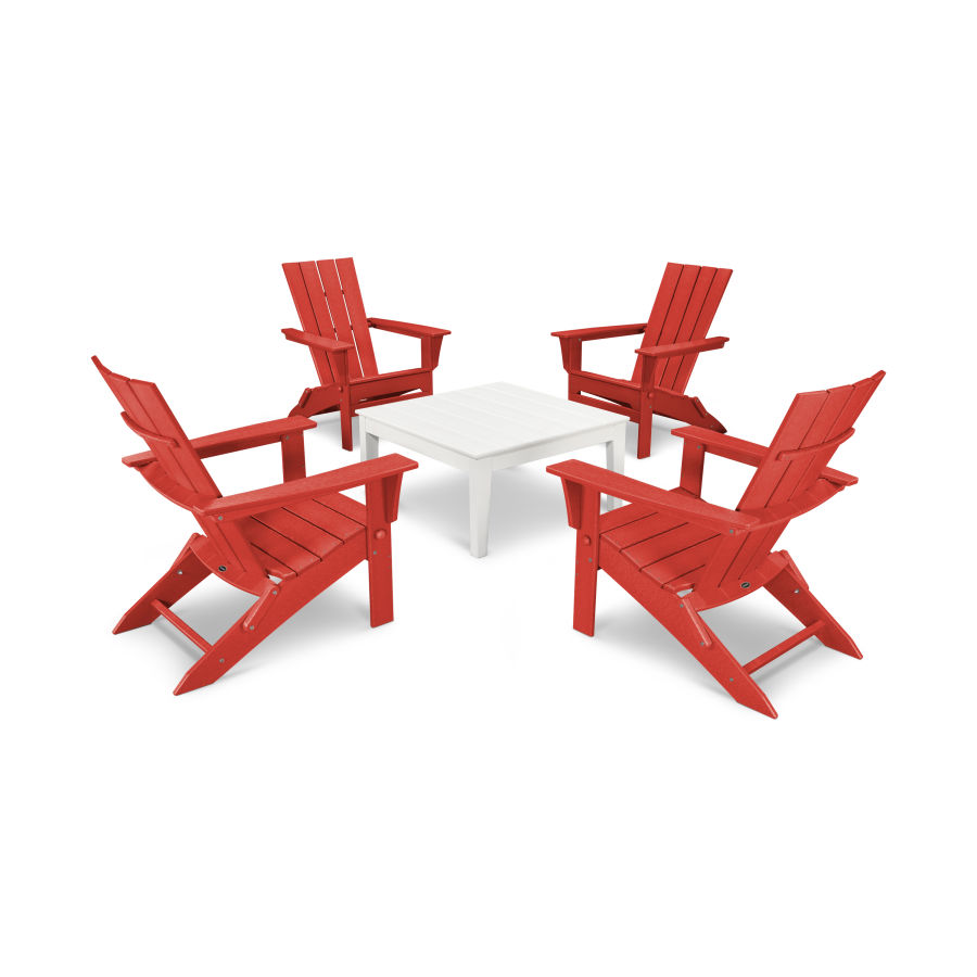 POLYWOOD Quattro Folding Chair 5-Piece Conversation Set in Sunset Red / White