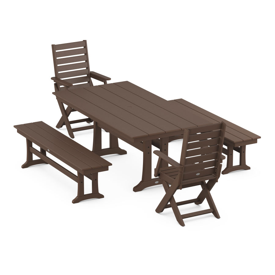 POLYWOOD Captain Folding Chair 5-Piece Farmhouse Dining Set With Trestle Legs in Mahogany