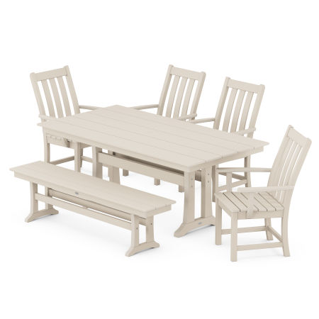 Vineyard 6-Piece Farmhouse Trestle Arm Chair Dining Set with Bench in Sand