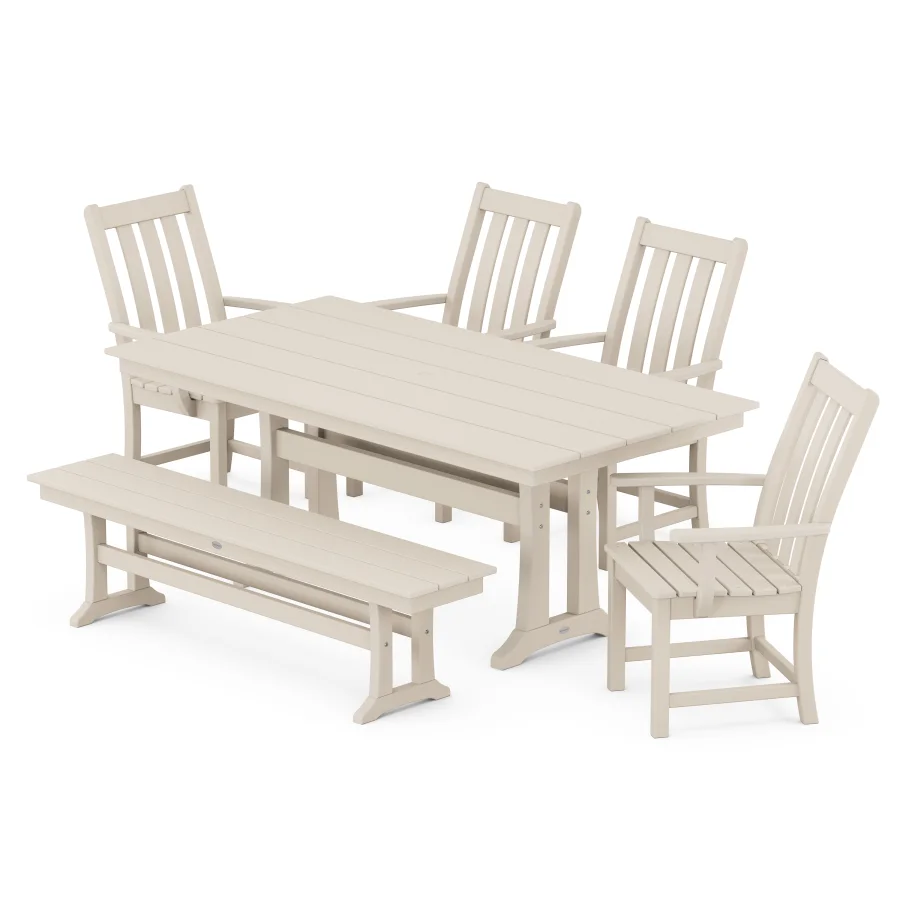 POLYWOOD Vineyard 6-Piece Farmhouse Trestle Arm Chair Dining Set with Bench in Sand