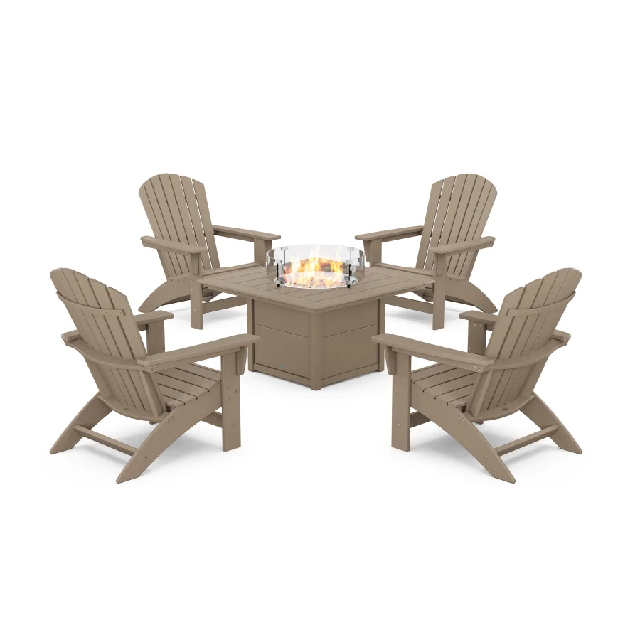 POLYWOOD 5-Piece Nautical Grand Adirondack Conversation Set with Fire Pit Table in Vintage Sahara