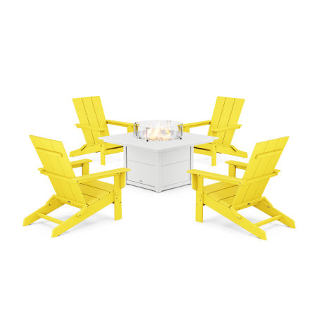 POLYWOOD 5-Piece Modern Studio Folding Adirondack Conversation Set with Fire Pit Table in Lemon