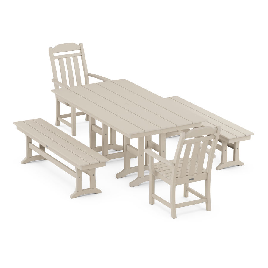 POLYWOOD Country Living 5-Piece Farmhouse Dining Set with Benches in Sand