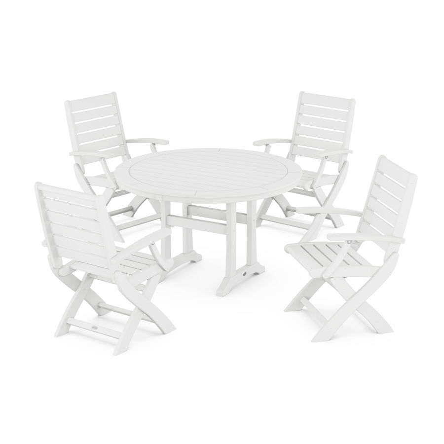 POLYWOOD Signature Folding Chair 5-Piece Round Dining Set with Trestle Legs in White