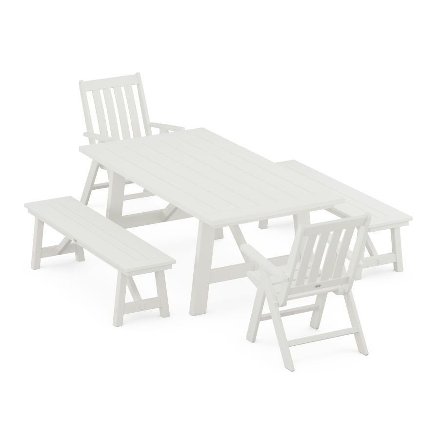 POLYWOOD Vineyard Folding 5-Piece Rustic Farmhouse Dining Set With Trestle Legs in Vintage White
