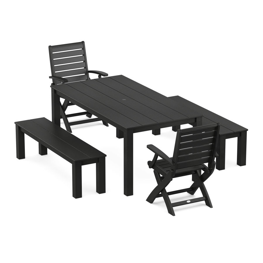 POLYWOOD Signature Folding Chair 5-Piece Parsons Dining Set with Benches in Black