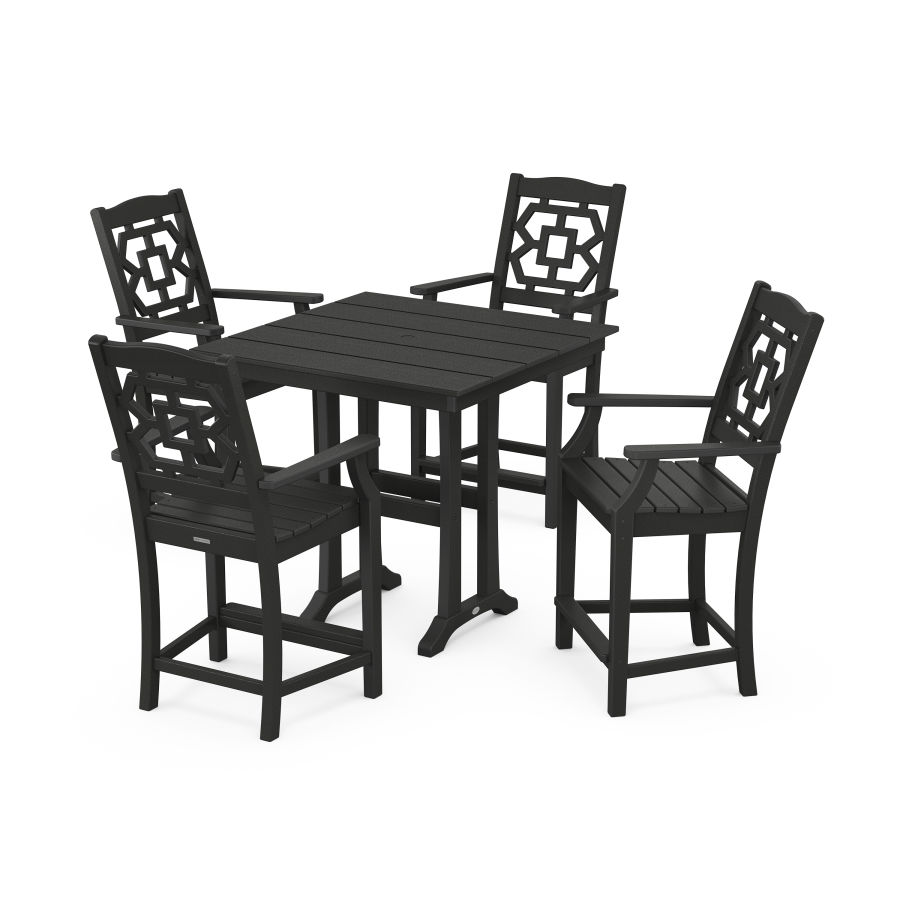 POLYWOOD Chinoiserie 5-Piece Farmhouse Counter Set with Trestle Legs in Black