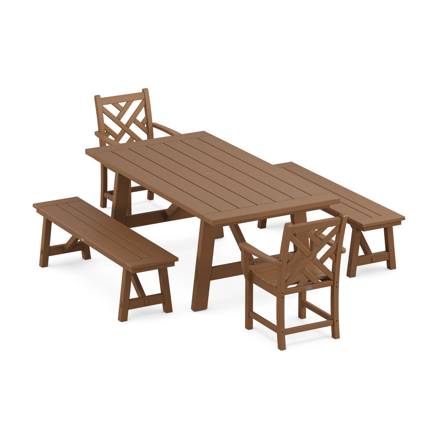 POLYWOOD Chippendale 5-Piece Rustic Farmhouse Dining Set With Trestle Legs in Teak