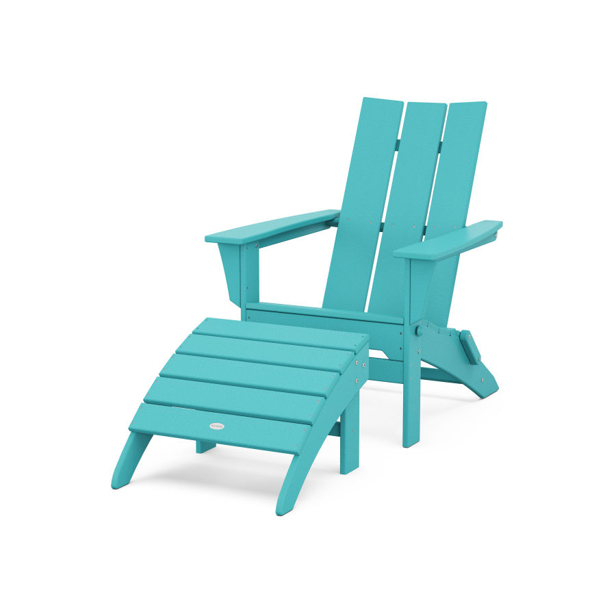 POLYWOOD Modern Folding Adirondack Chair 2-Piece Set with Ottoman in Aruba