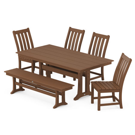 Vineyard 6-Piece Farmhouse Trestle Side Chair Dining Set with Bench in Teak