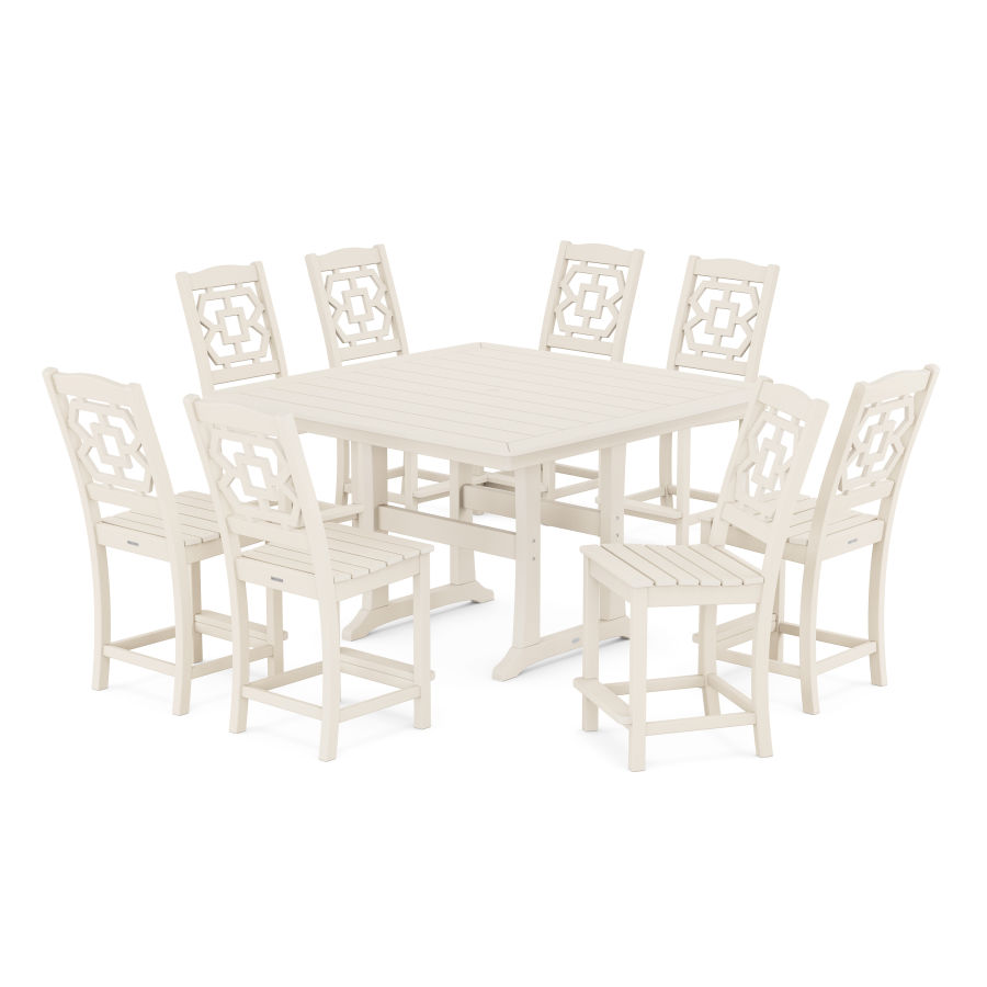 POLYWOOD Chinoiserie 9-Piece Square Side Chair Counter Set with Trestle Legs in Sand