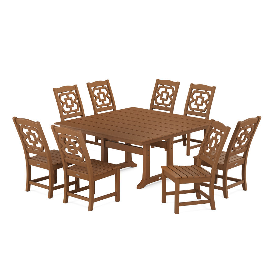 POLYWOOD Chinoiserie 9-Piece Square Farmhouse Side Chair Dining Set with Trestle Legs in Teak