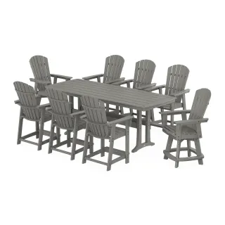 POLYWOOD Nautical Curveback Adirondack Swivel 9-Piece Counter Set with Trestle Legs