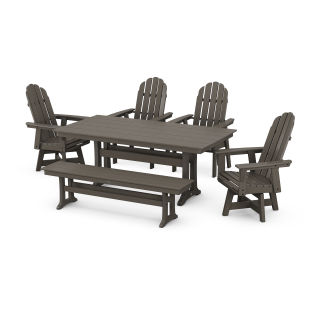 Vineyard Curveback Adirondack 6-Piece Swivel Chair Farmhouse Dining Set with Trestle Legs and Bench in Vintage Finish