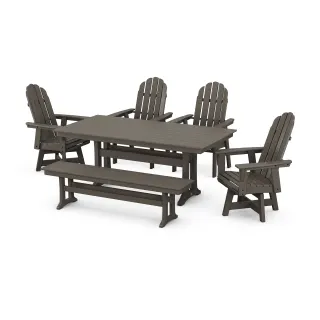 POLYWOOD Vineyard Curveback Adirondack 6-Piece Swivel Chair Farmhouse Dining Set with Trestle Legs and Bench in Vintage Finish