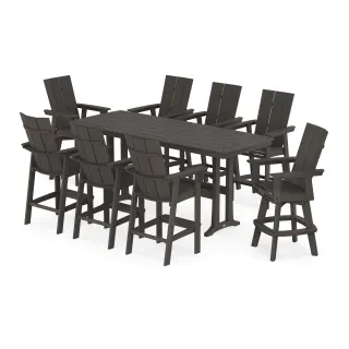 POLYWOOD Modern Curveback Adirondack Swivel 9-Piece Bar Set with Trestle Legs in Vintage Finish