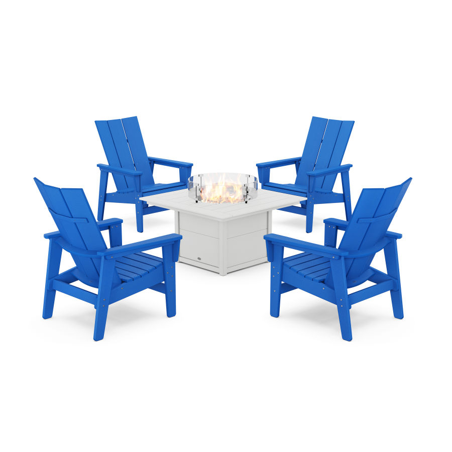 POLYWOOD 5-Piece Modern Grand Upright Adirondack Conversation Set with Fire Pit Table in Pacific Blue / White